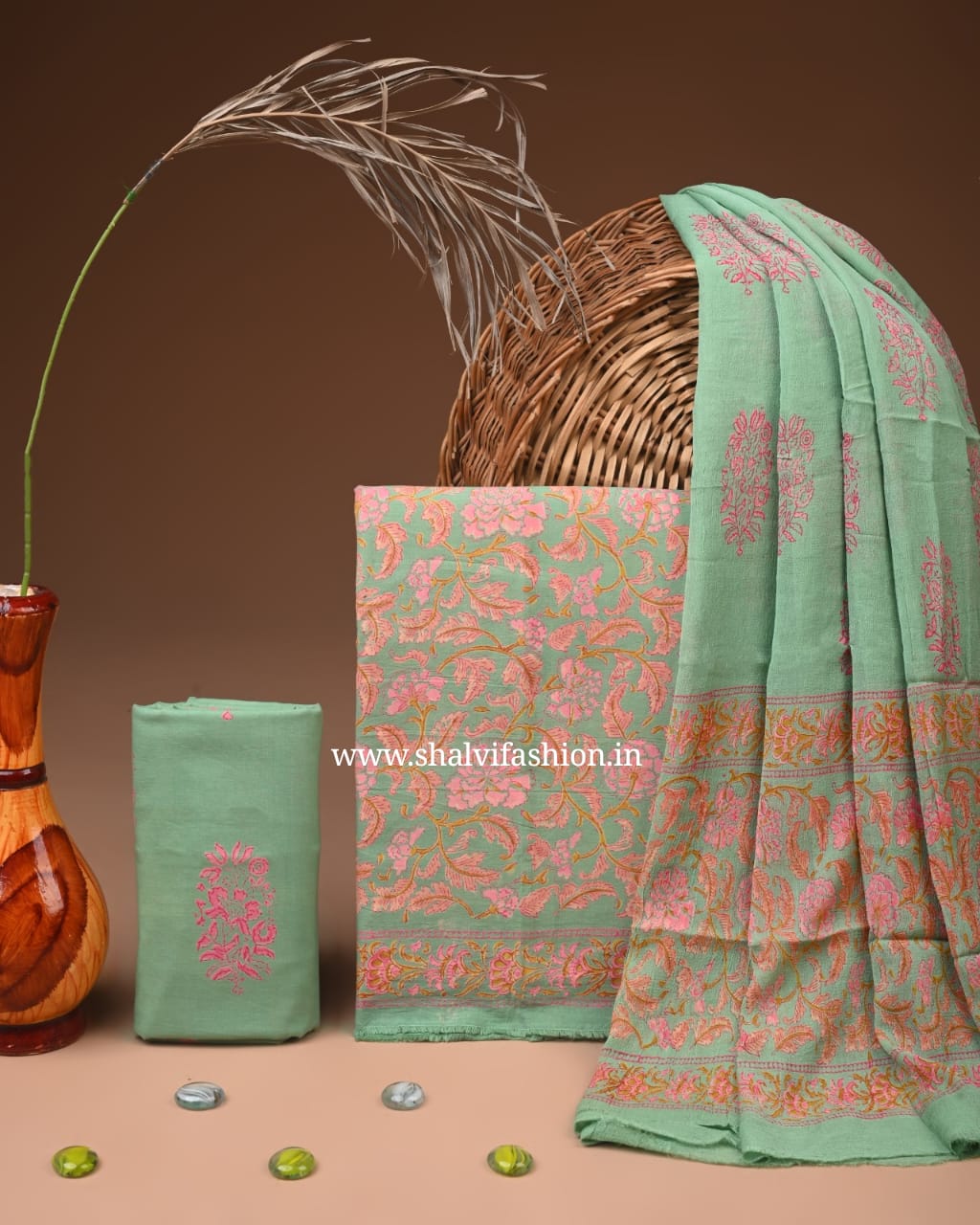 Shop block printed cotton suits with chiffon dupatta (PCHF668)