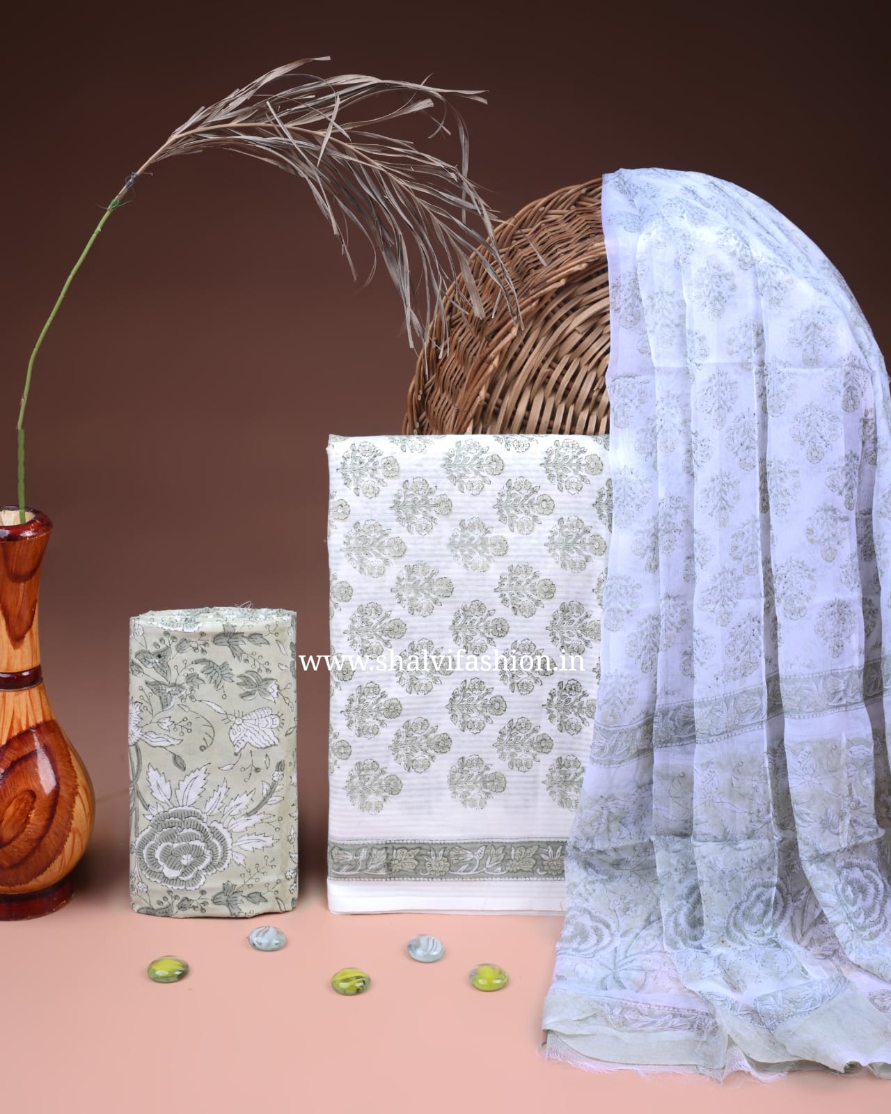 Shop block printed cotton suits with chiffon dupatta online (PCHF671)