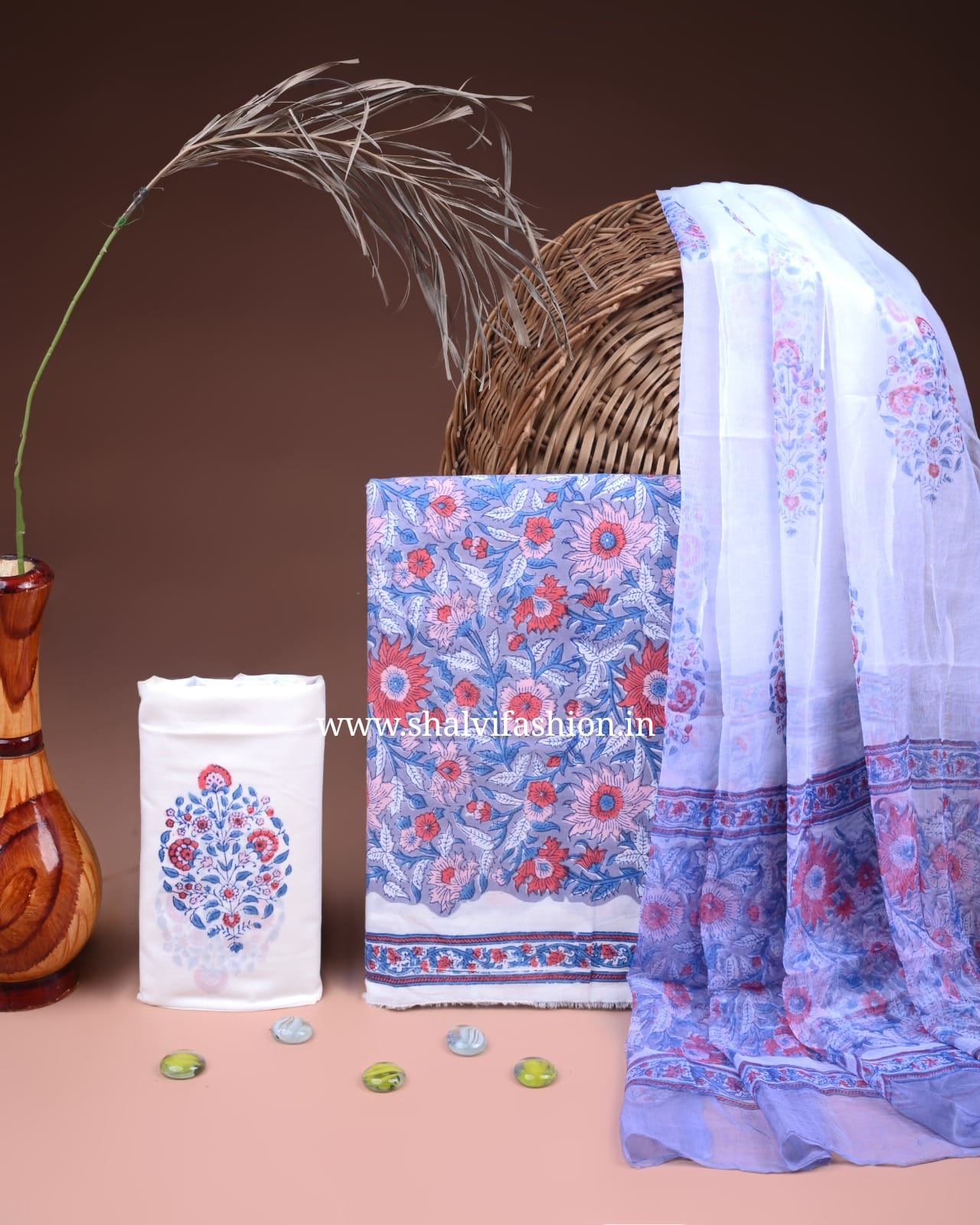 Shop jaipuri print cotton suits with chiffon dupatta (PCHF673)