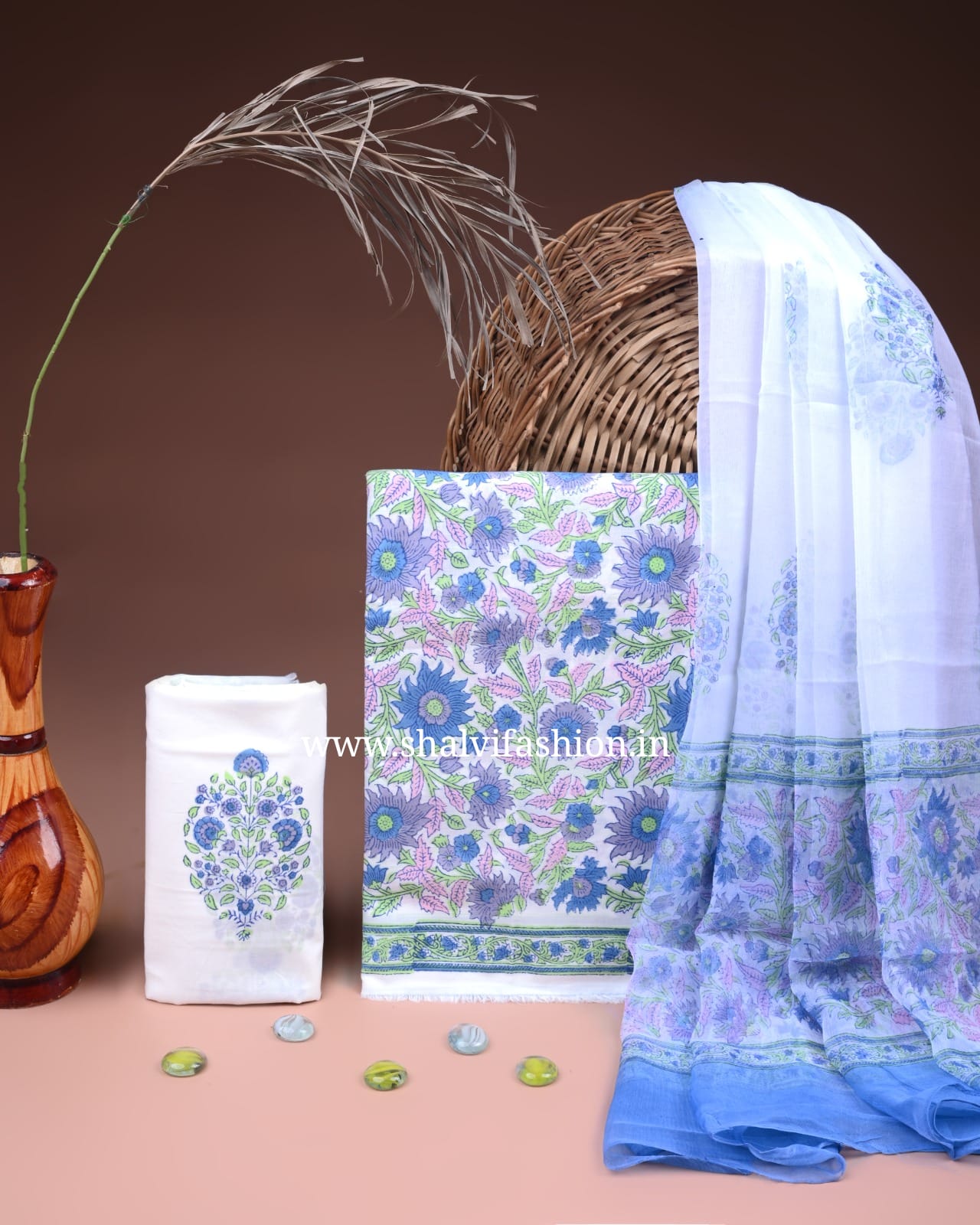 Shop block printed cotton suits with chiffon dupatta (PCHF675)