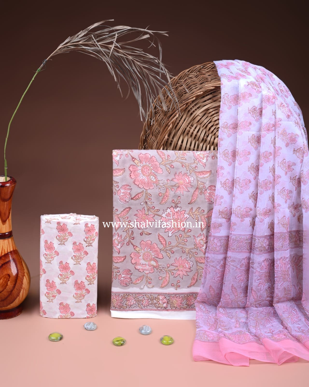 Shop jaipuri print cotton suits with chiffon dupatta online shopping (PCHF677)