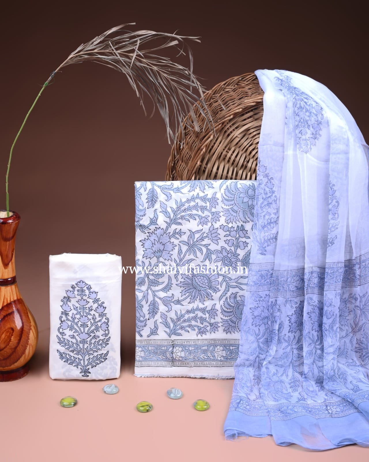 Shop unstitched block print cotton suits with chiffon dupatta (PCHF678)