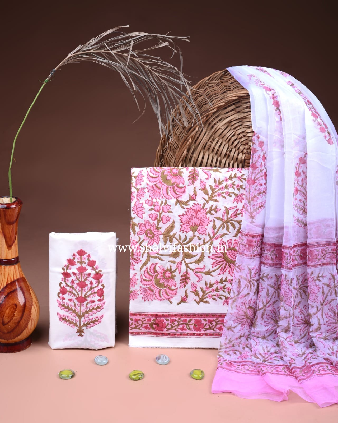 Shop block printed pure cotton suits with chiffon dupatta (PCHF679)