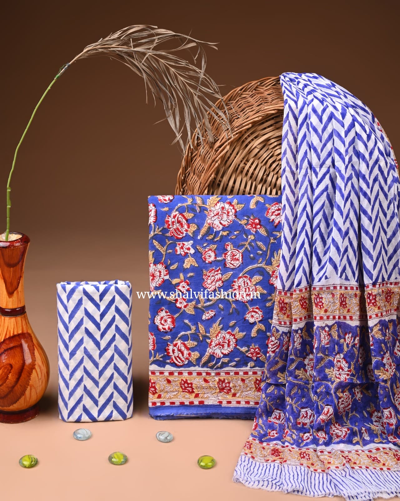 Shop hand block print cotton suits with chiffon dupatta (PCHF682)