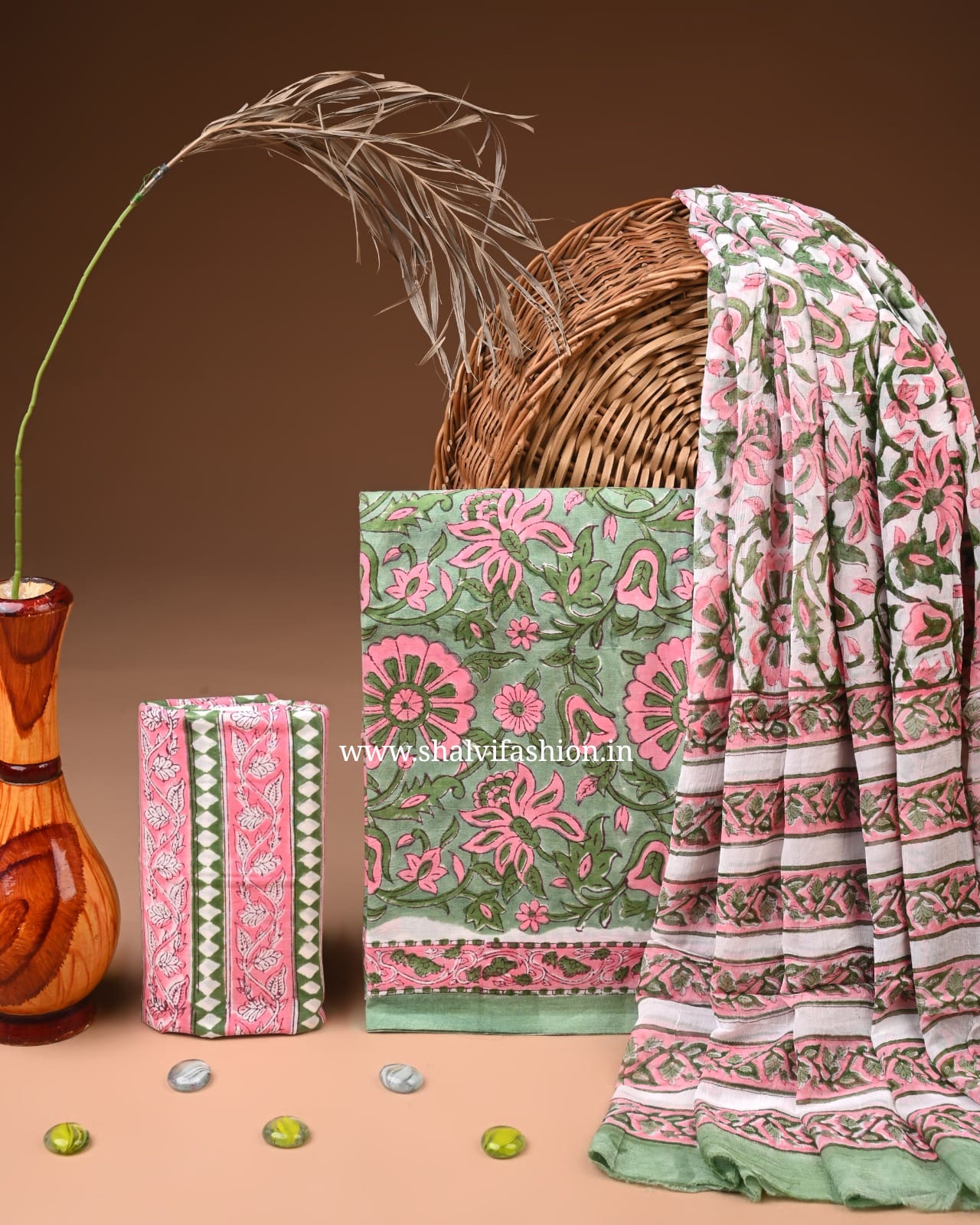 Shop unstitched block print cotton suits with chiffon dupatta (PCHF683)