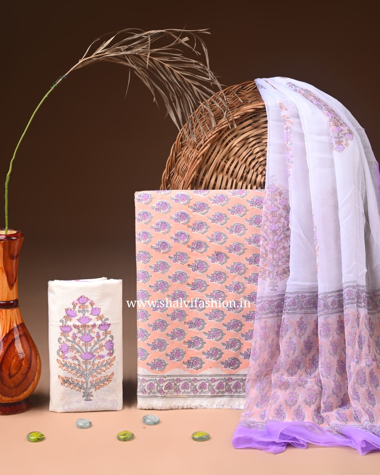 Shop unstitched block printed cotton suits with chiffon dupatta (PCHF694)