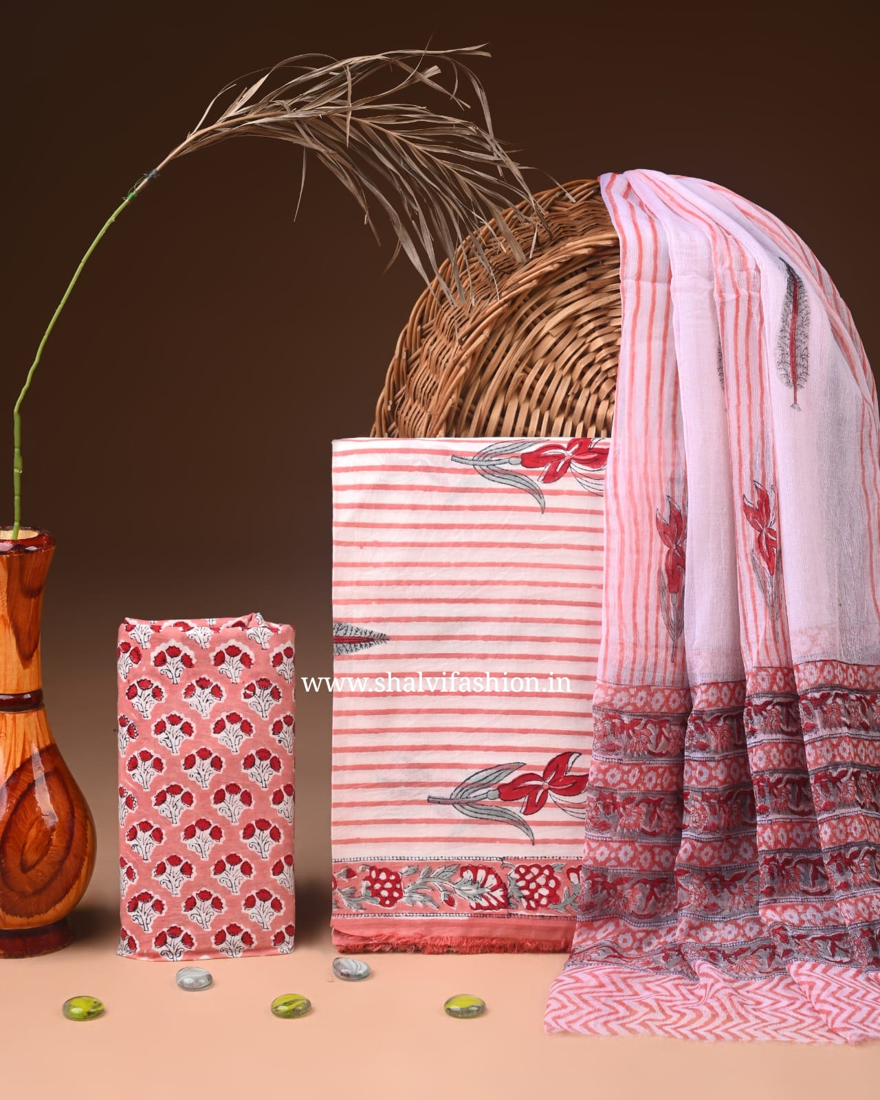 Shop unstitched block print cotton suits with chiffon dupatta (PCHF698)