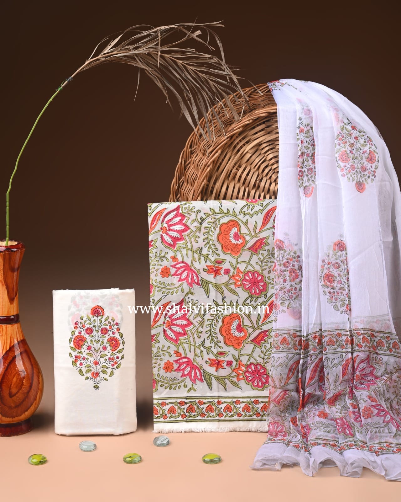 Shop unstitched block print cotton suits with chiffon dupatta (PCHF704)