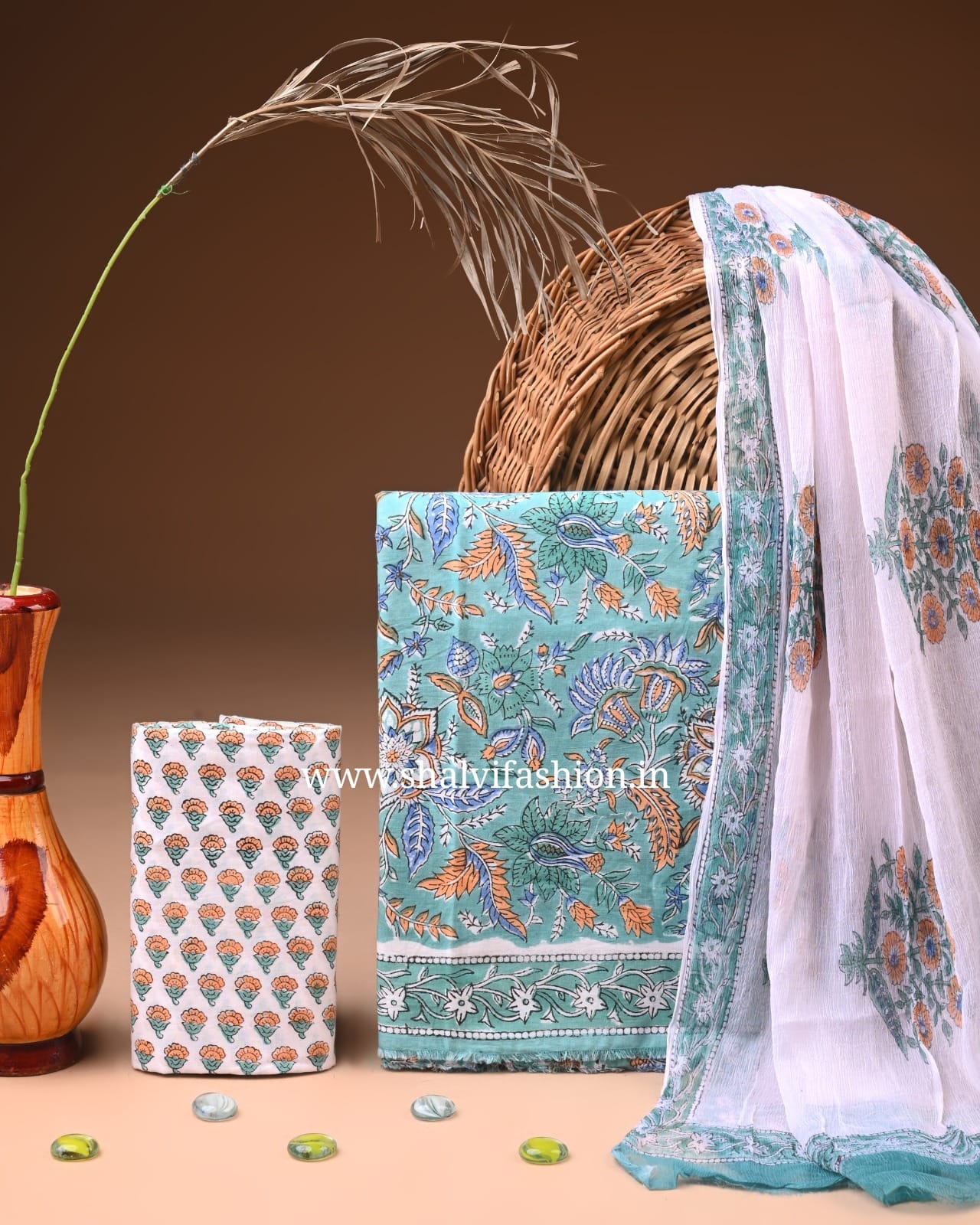 Shop hand block print cotton suits with chiffon dupatta (PCHF712)