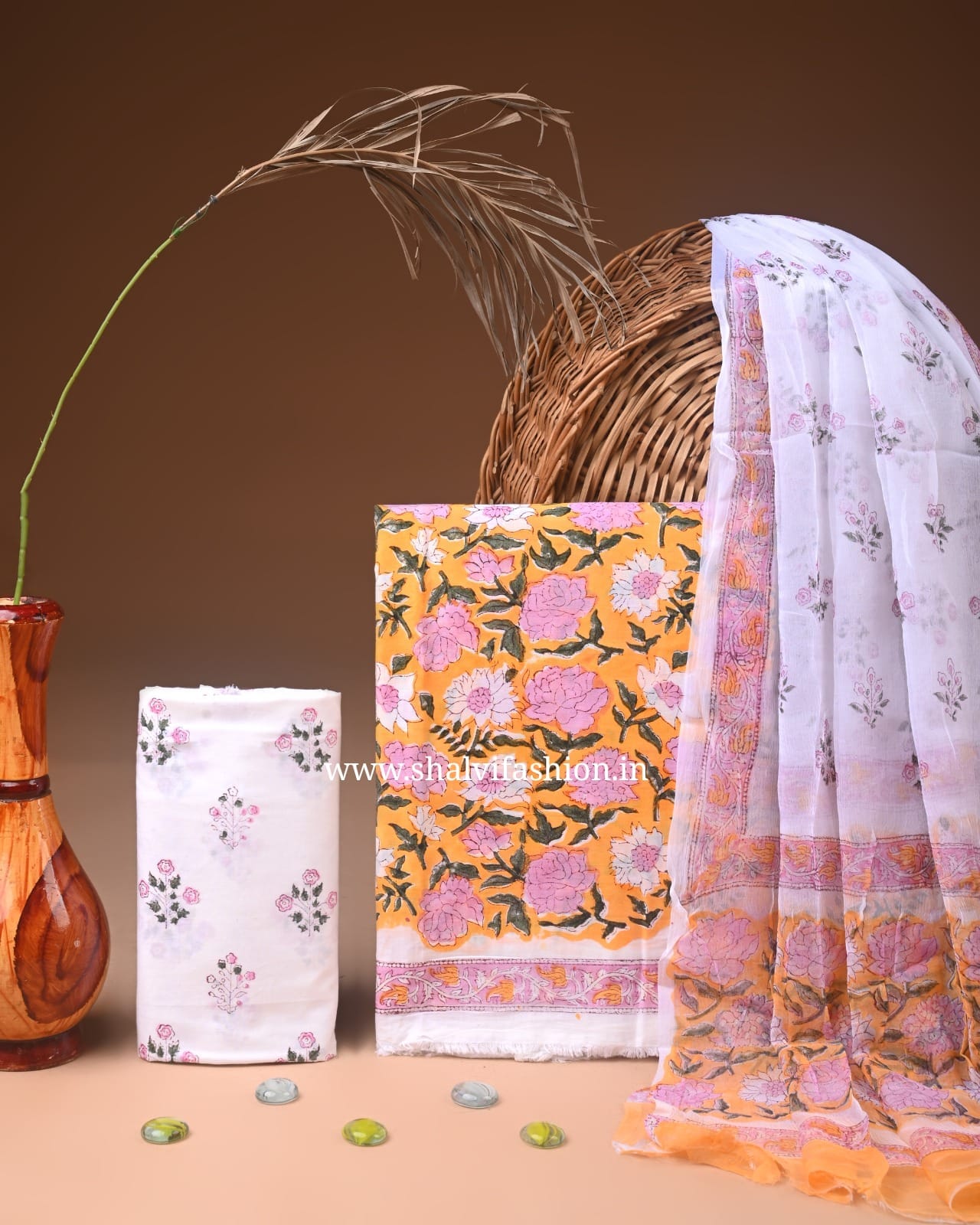 Shop block printed cotton suits with chiffon dupatta (PCHF721)