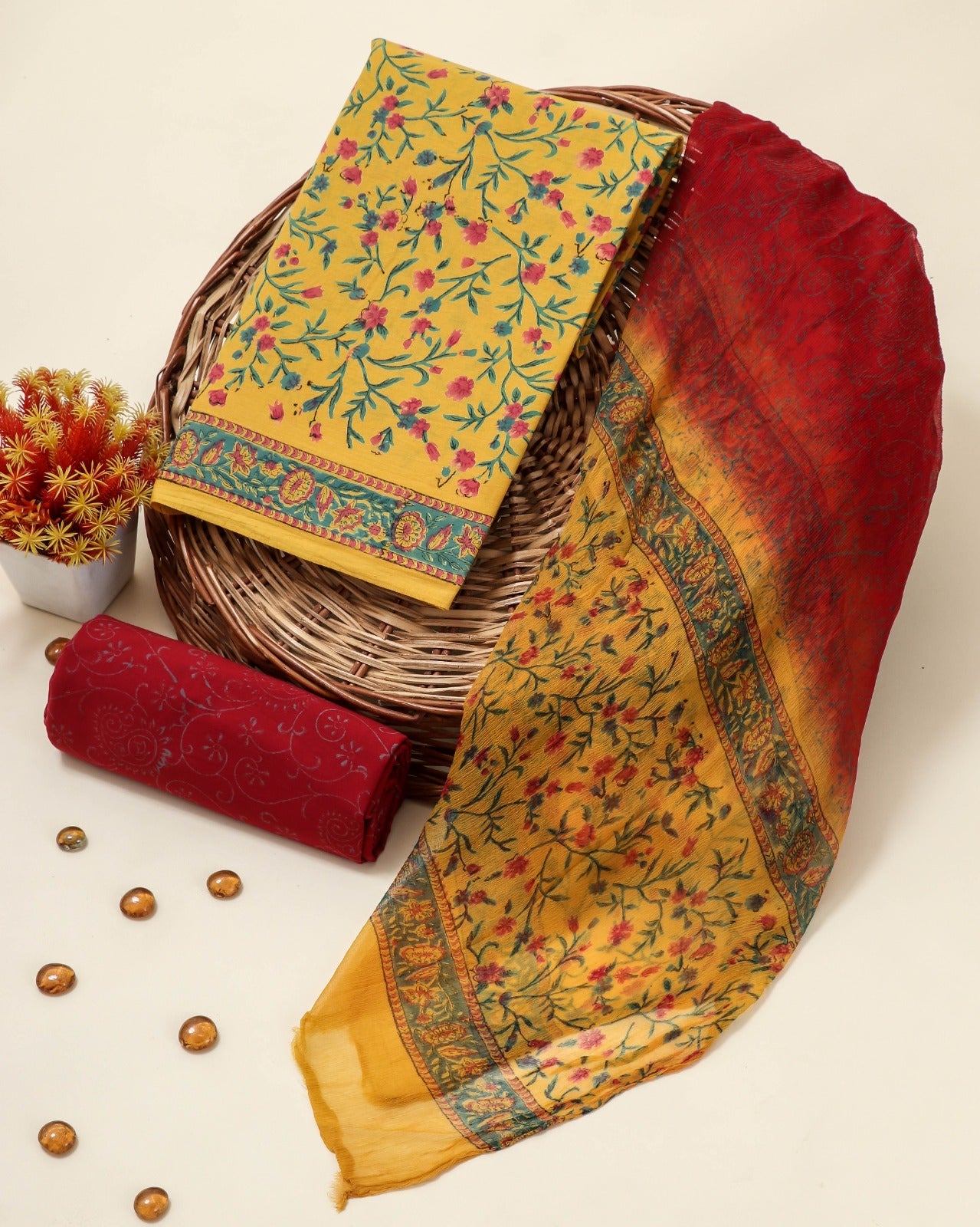Shop yellow hand block print cotton suit sets with chiffon dupatta (PCHF75)
