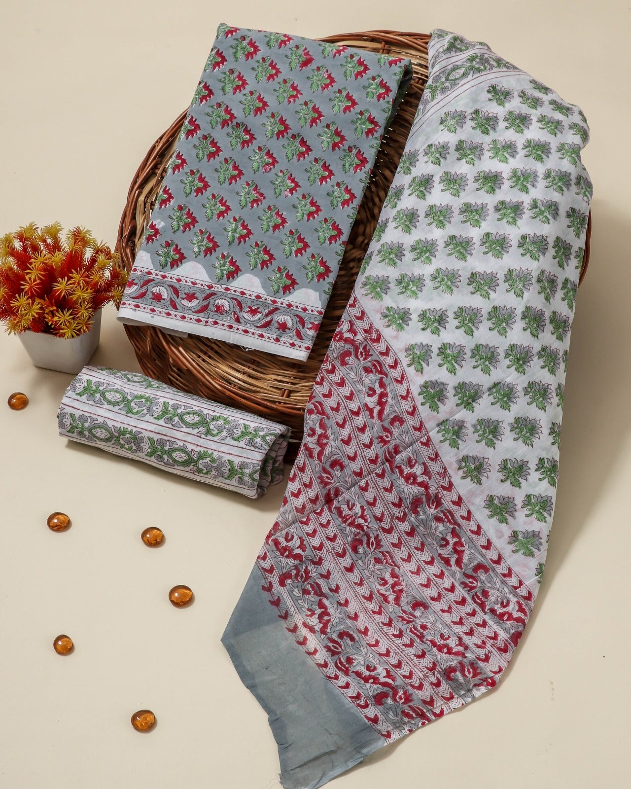 Shop unstitched cotton suit sets with mulmul dupatta (PRMUL102)