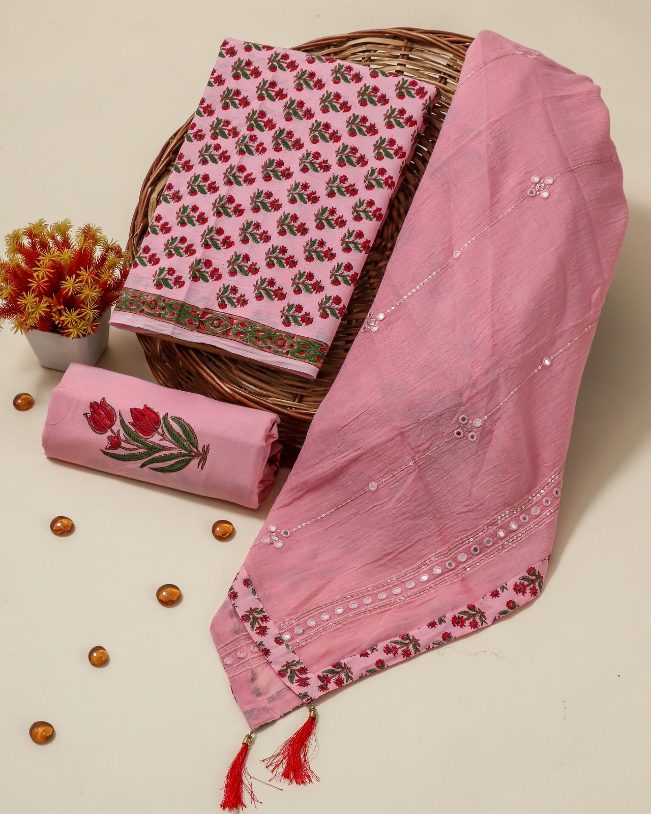Shop cotton suit sets with embroidered mulmul dupatta online (PRMUL105)