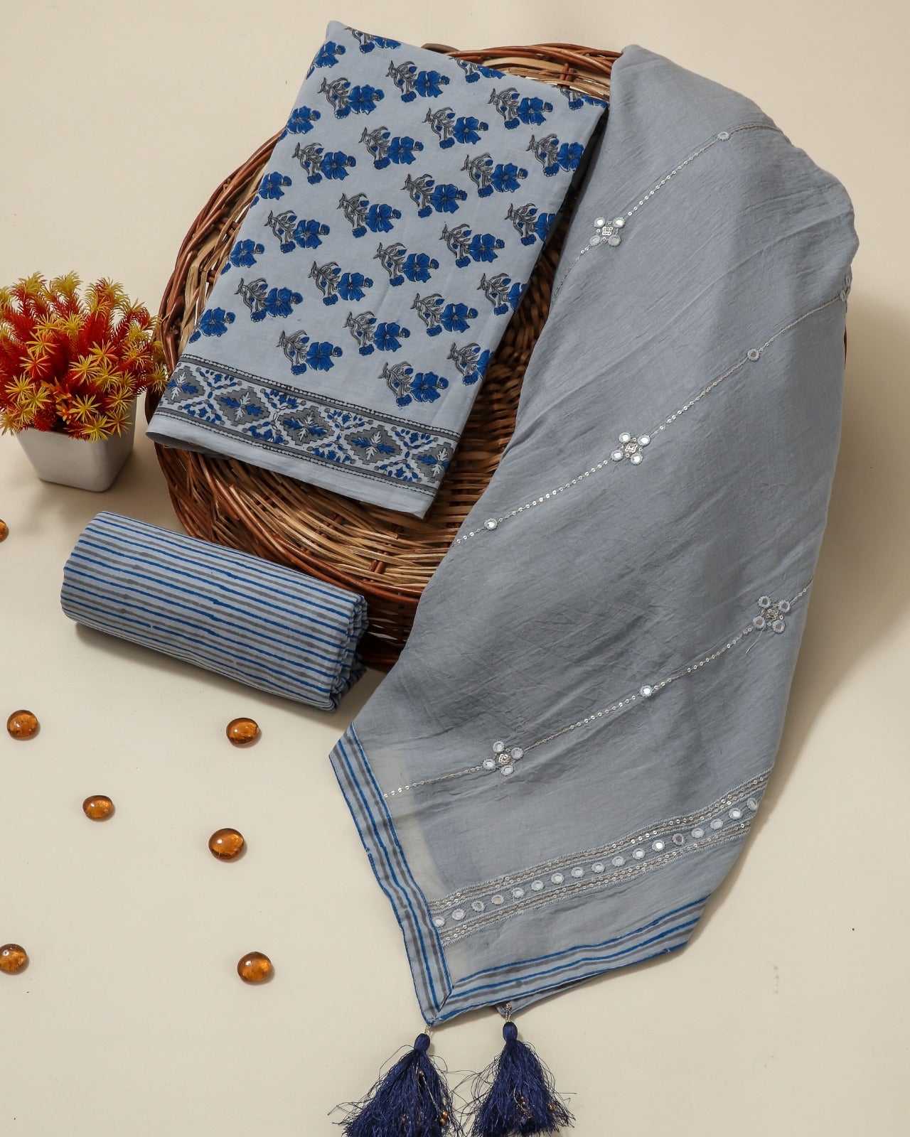 Shop jaipuri print cotton suits with embroidered mulmul dupatta (PRMUL114)