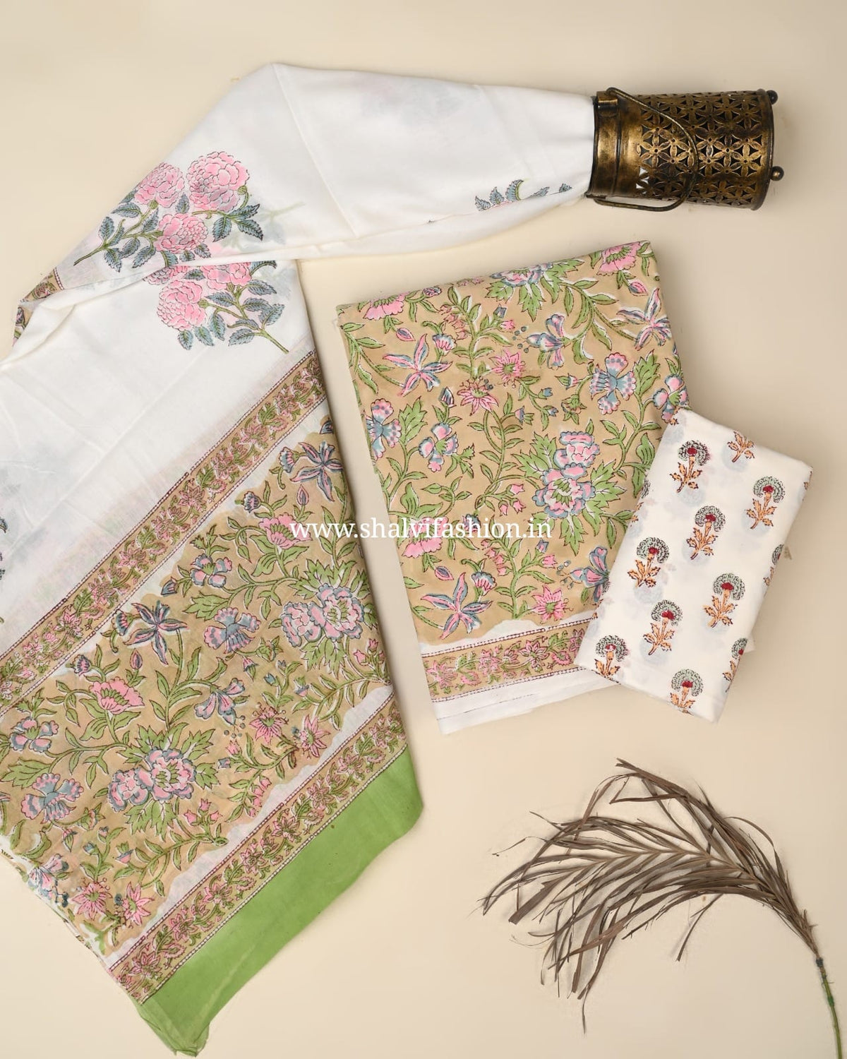 Shop Unstitced Hand Block Print Pure Cotton Suits with Mulmul Dupatta (PRMUL138)