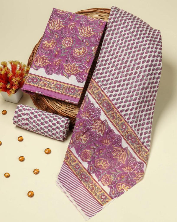 Shop unstitched block printed cotton dress material with mulmul dupatta (PRMUL151)