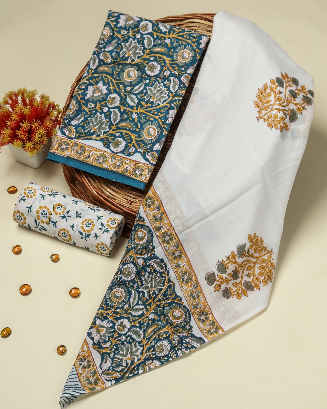 Shop blue jaal print cotton suits with mulmul dupatta (PRMUL158)