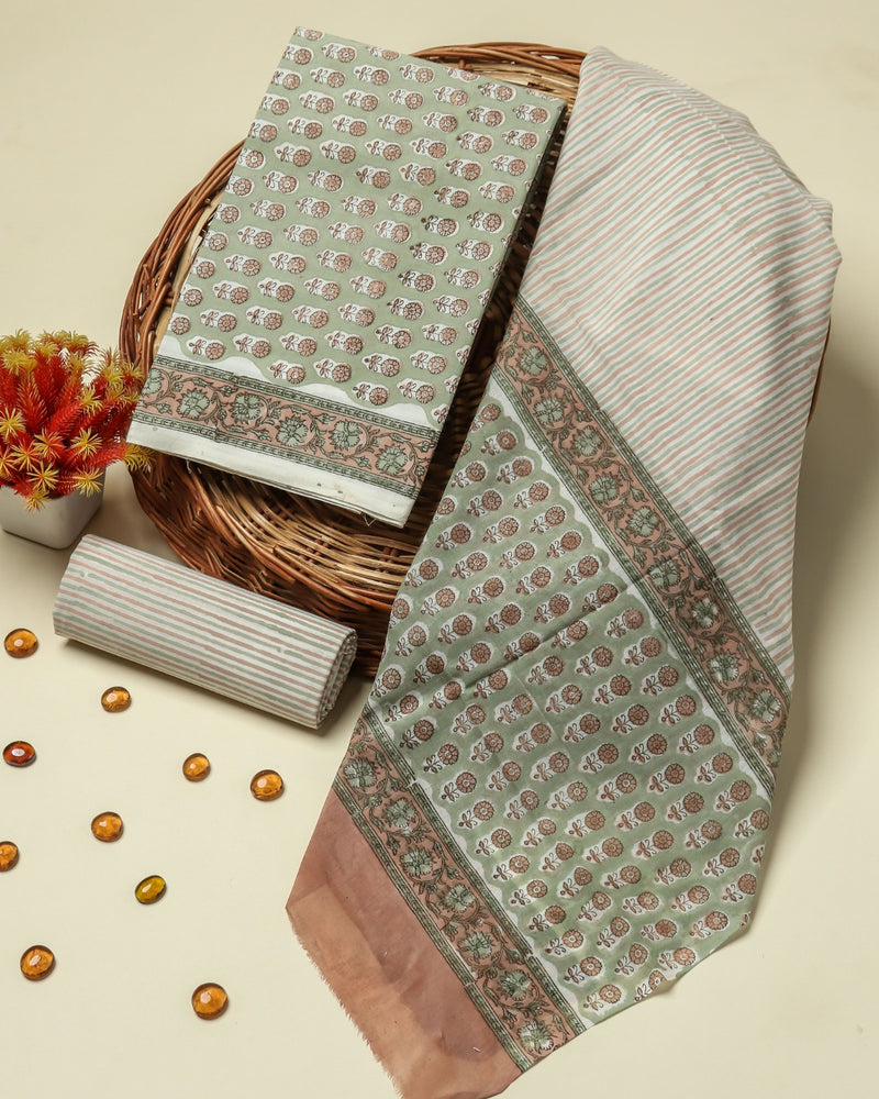 Shop block printed cotton suits with mulmul dupatta (PRMUL174)