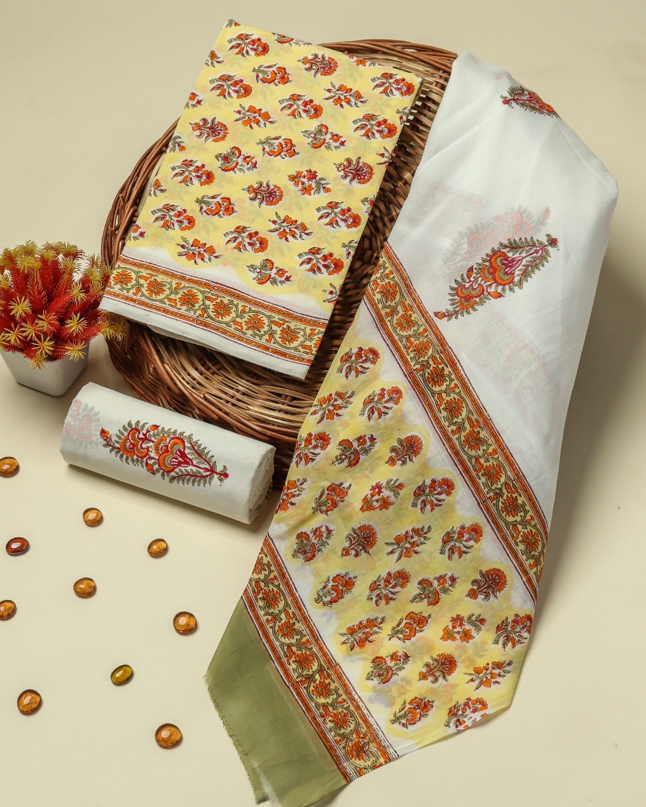 Shop jaipuri print cotton suits with mulmul dupatta online (PRMUL177)