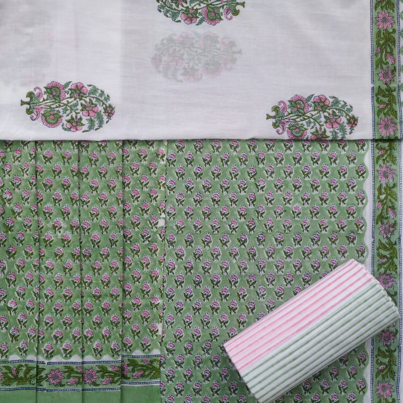 Shop Unstitched Hand Block Print Pure Cotton Suits with Mulmul Dupatta