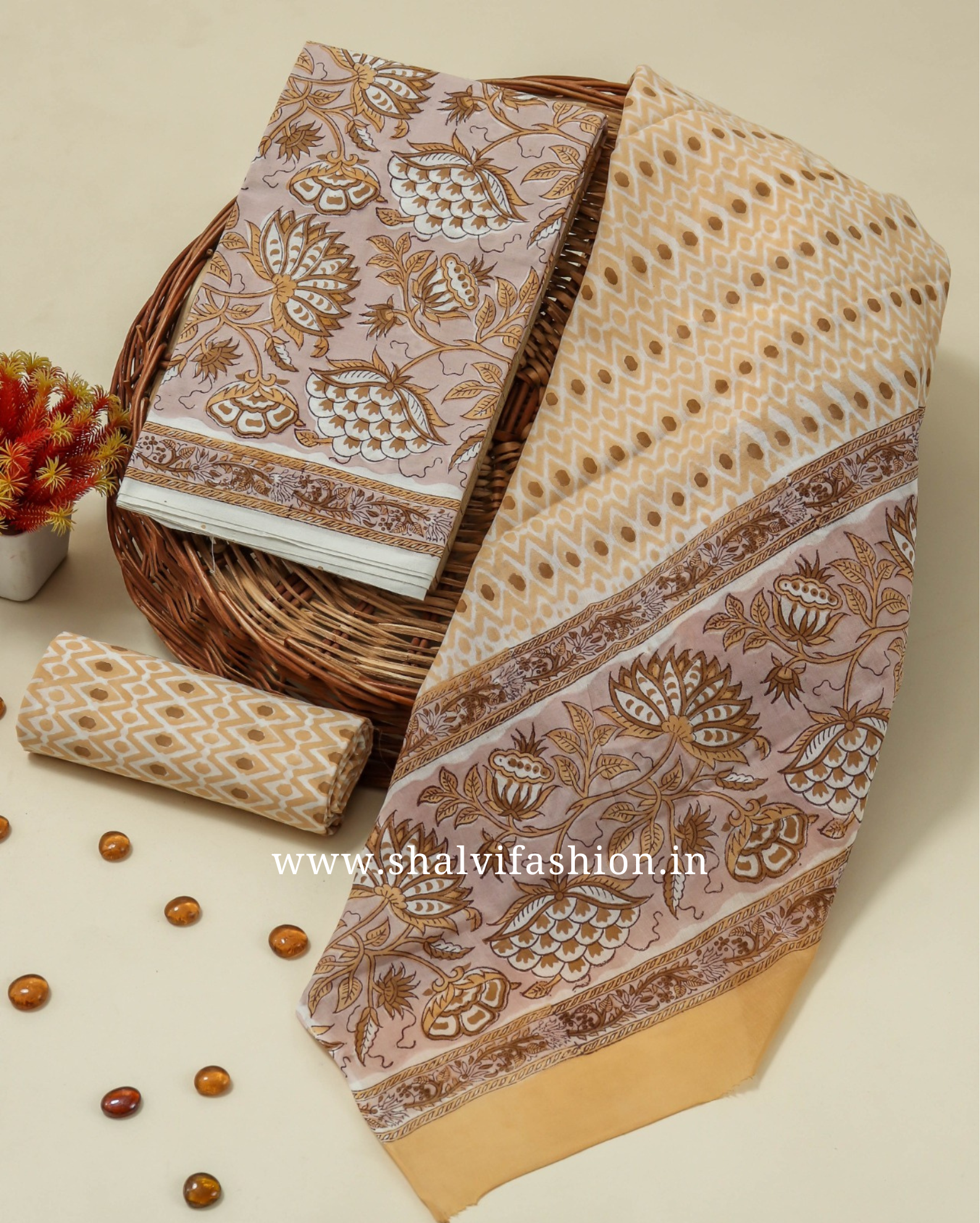 Shop block printed cotton suits with mulmul dupatta (PRMUL197)