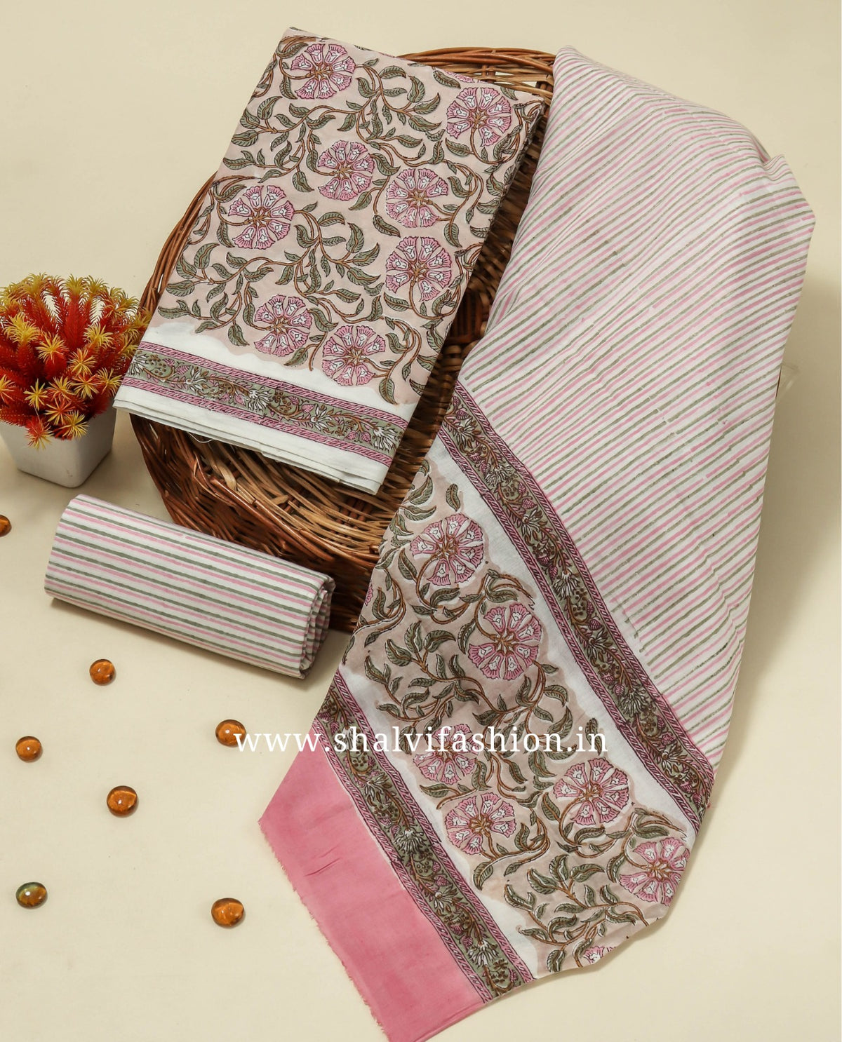 Floral Jaal Print Cotton Suit Set with Mulmul Dupatta (PRMUL200)