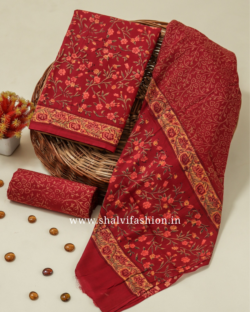 Shop red block print cotton suits with mulmul dupatta (PRMUL203)