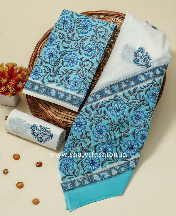 Shop hand block printed cotton suits with mulmul dupatta (PRMUL216)