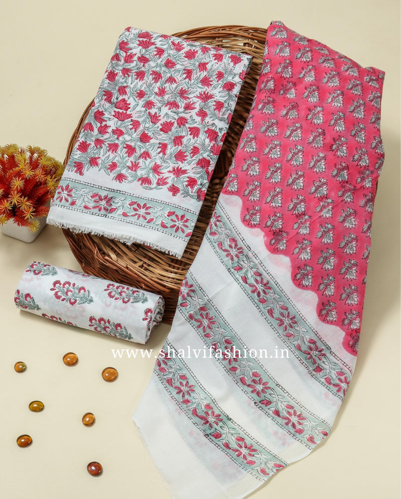 Shop hand block print cotton suits with mulmul dupatta (PRMUL218)