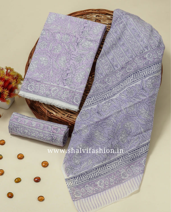 Shop block printed cotton suits with mulmul dupatta (PRMUL219)