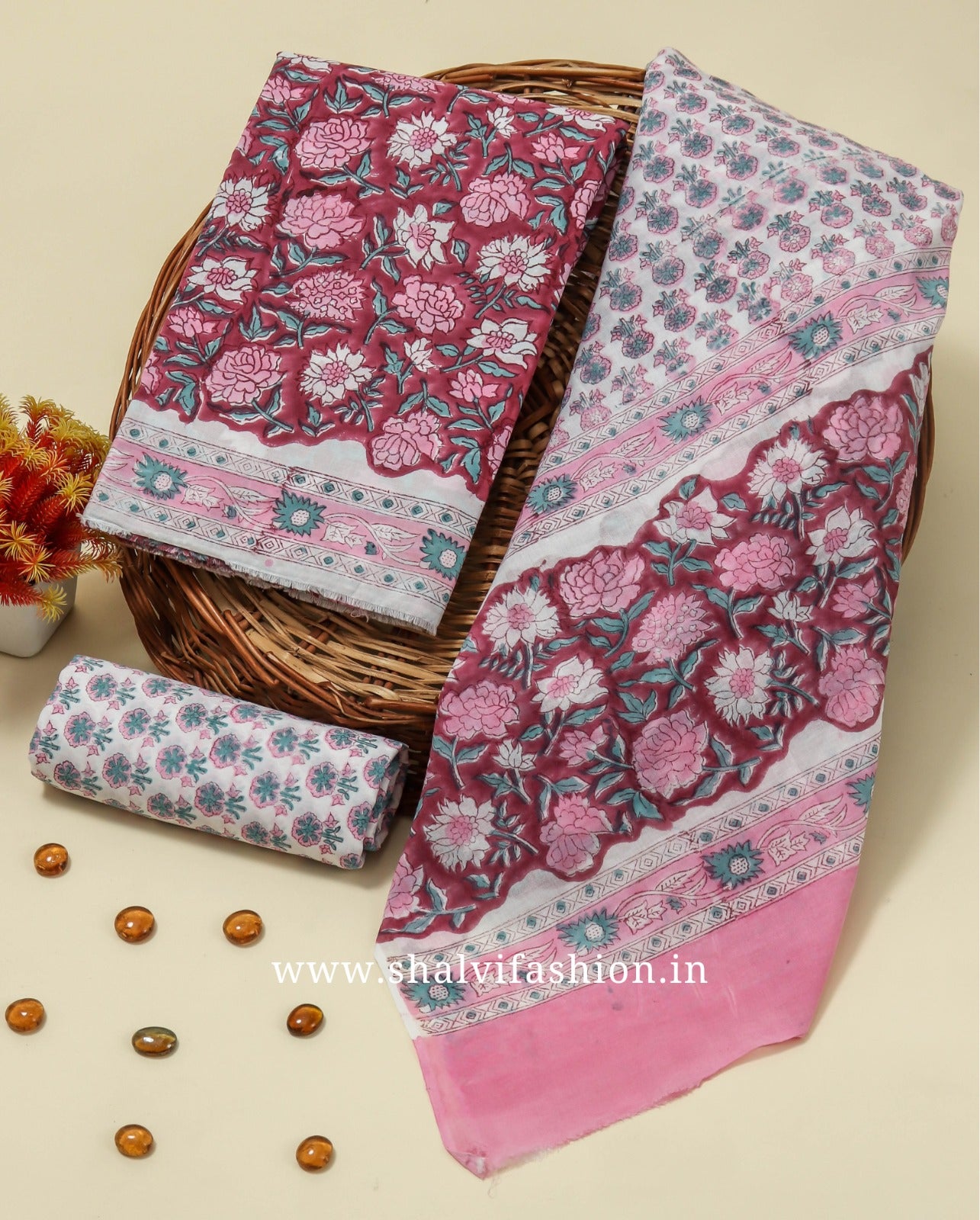 Shop block print cotton suits with mulmul dupatta (PRMUL220)