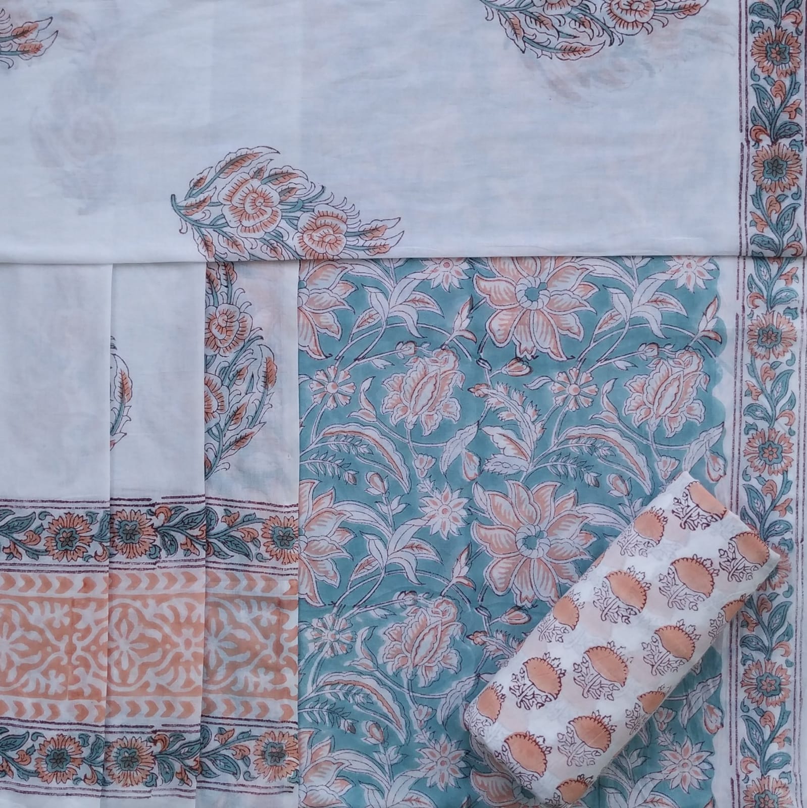 Shop Unstitched Hand Block Print Pure Cotton Suits with Mulmul Dupatta (TPRMUL170)