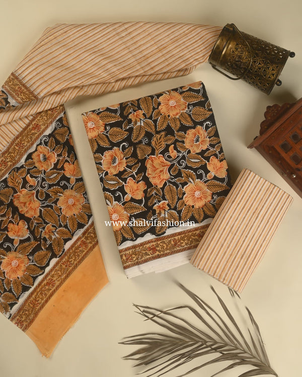 Shop block printed cotton suits with mulmul dupatta (PRMUL306)