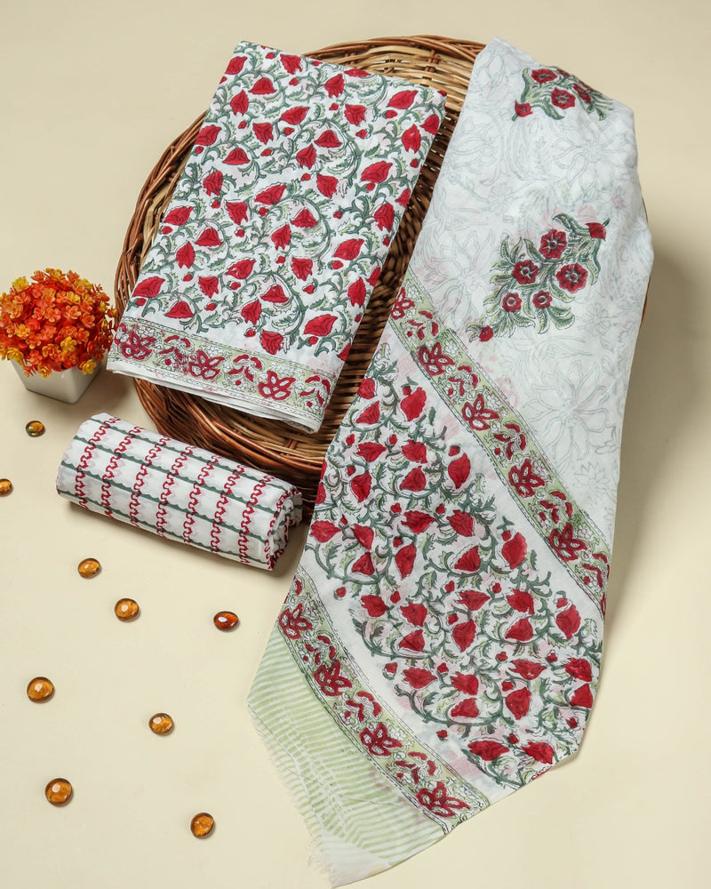 Shop unstitched hand block print cotton suit material with mulmul dupatta (PRMUL393)