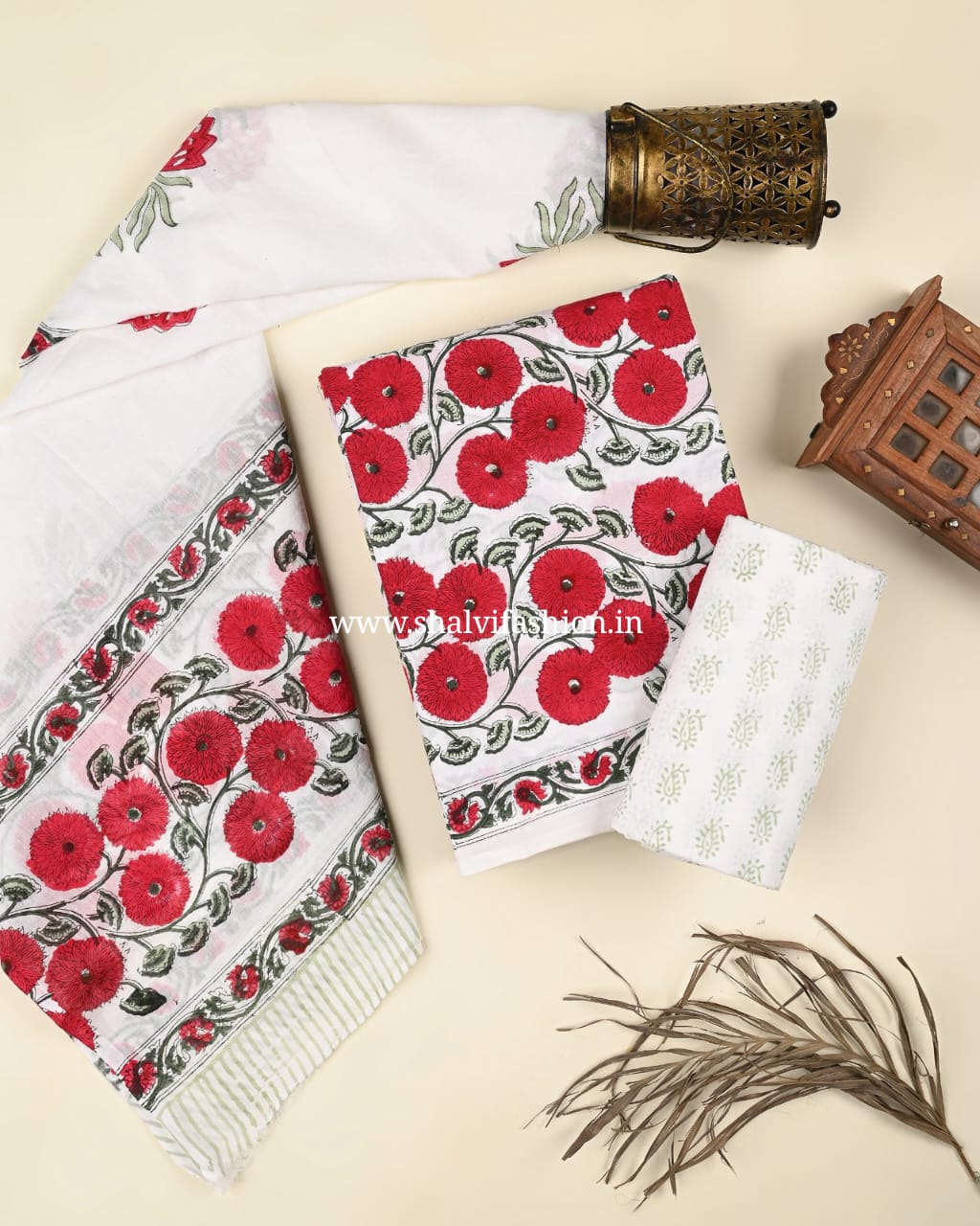 Shop hand block print cotton suits with mulmul dupatta (PRMUL473)