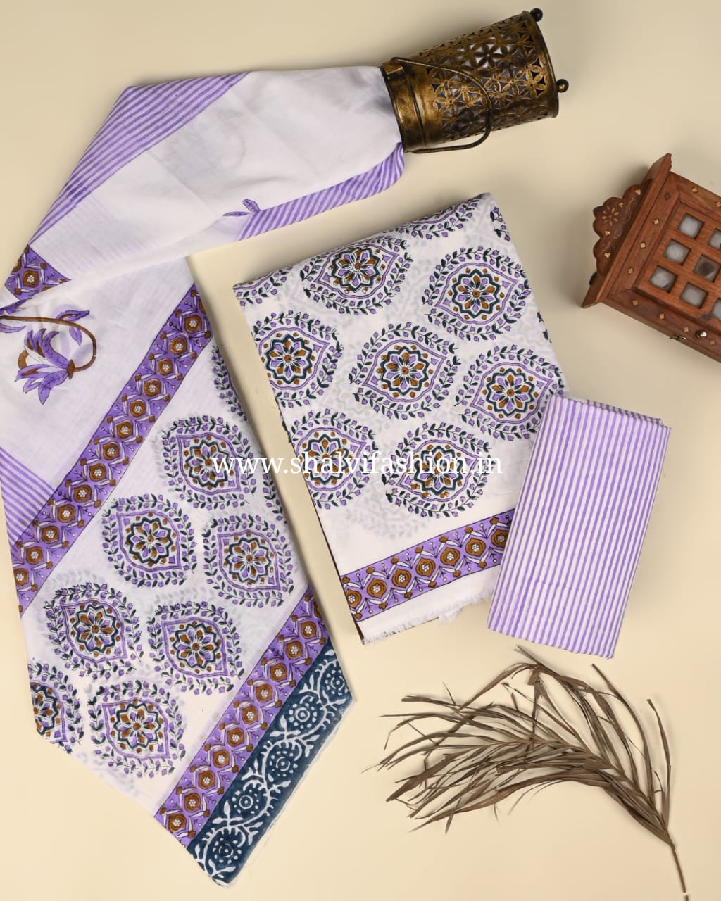 Shop hand block print cotton suits with cotton dupatta (PRMUL479)