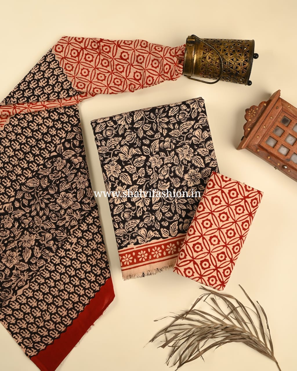 Shop block print cotton suits with mulmul dupatta (PRMUL488)