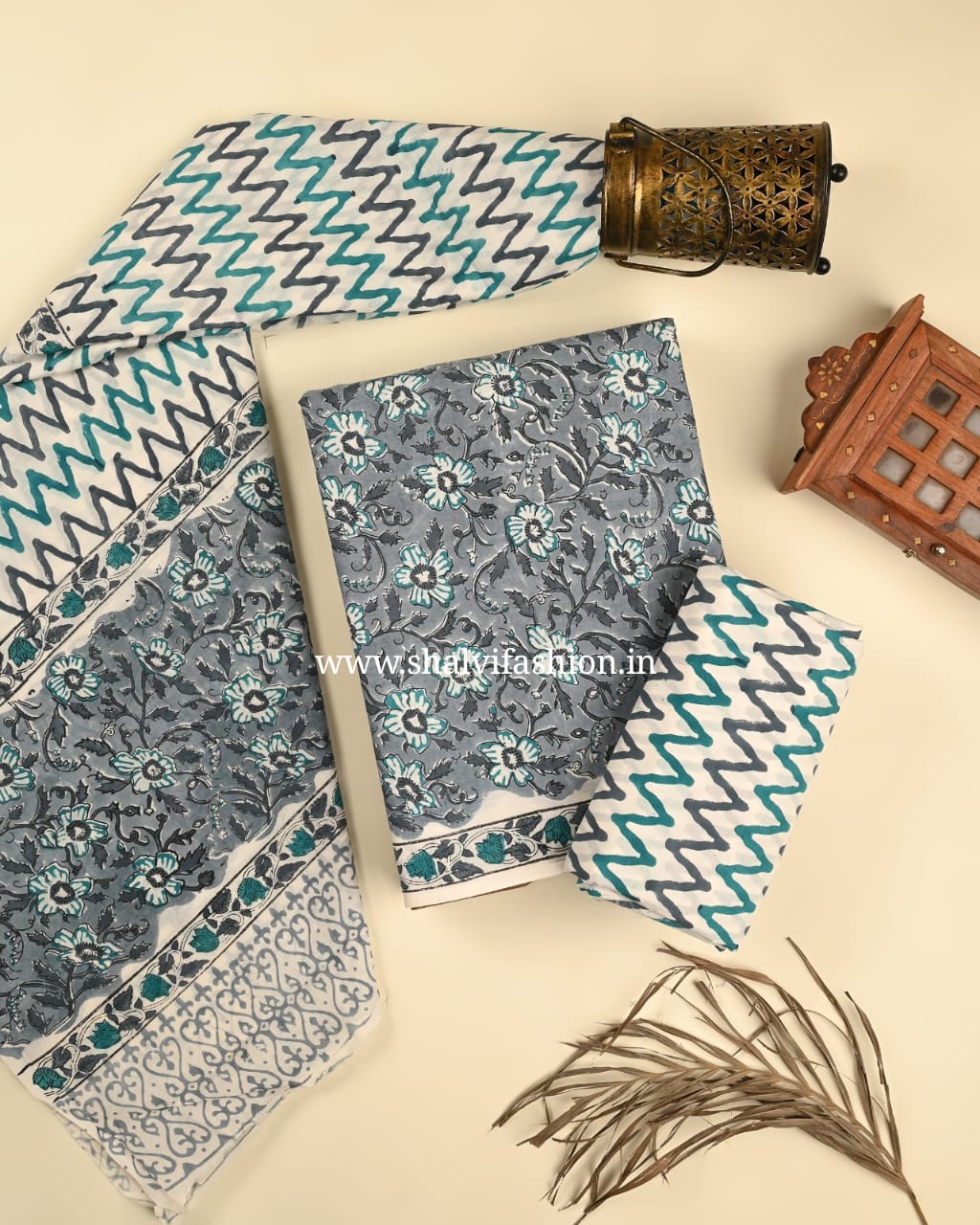 Shop block printed cotton suits with mulmul dupatta (PRMUL494)