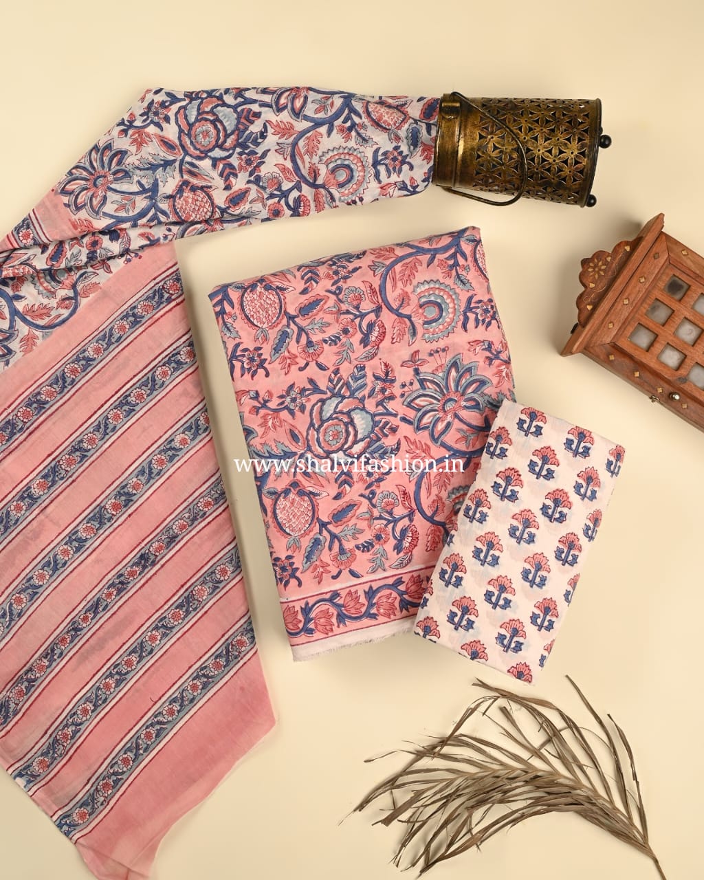 Unstitched Hand Block Print Cotton Suit Set with Mulmul Dupatta (PRMUL498)