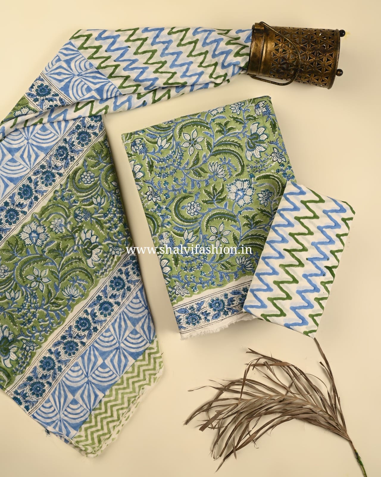 Shop unstitched block print cotton suits with mulmul duaptta (PRMUL503)