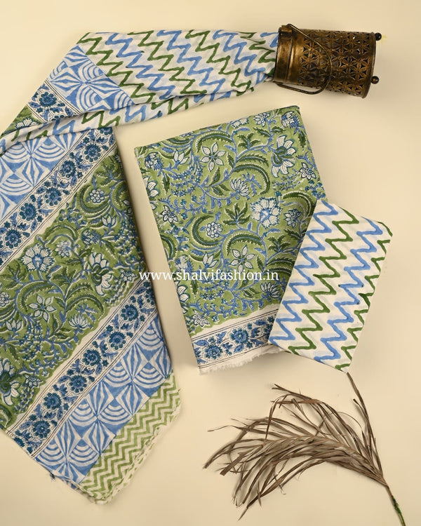 Shop unstitched block print cotton suits with mulmul duaptta (PRMUL503)