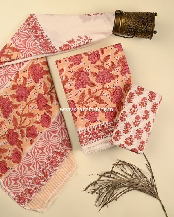Shop block print cotton suits with mulmul dupatta (PRMUL504)