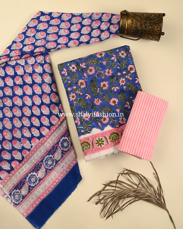 Shop block printed cotton suits with mulmul dupatta online (PRMUL505)
