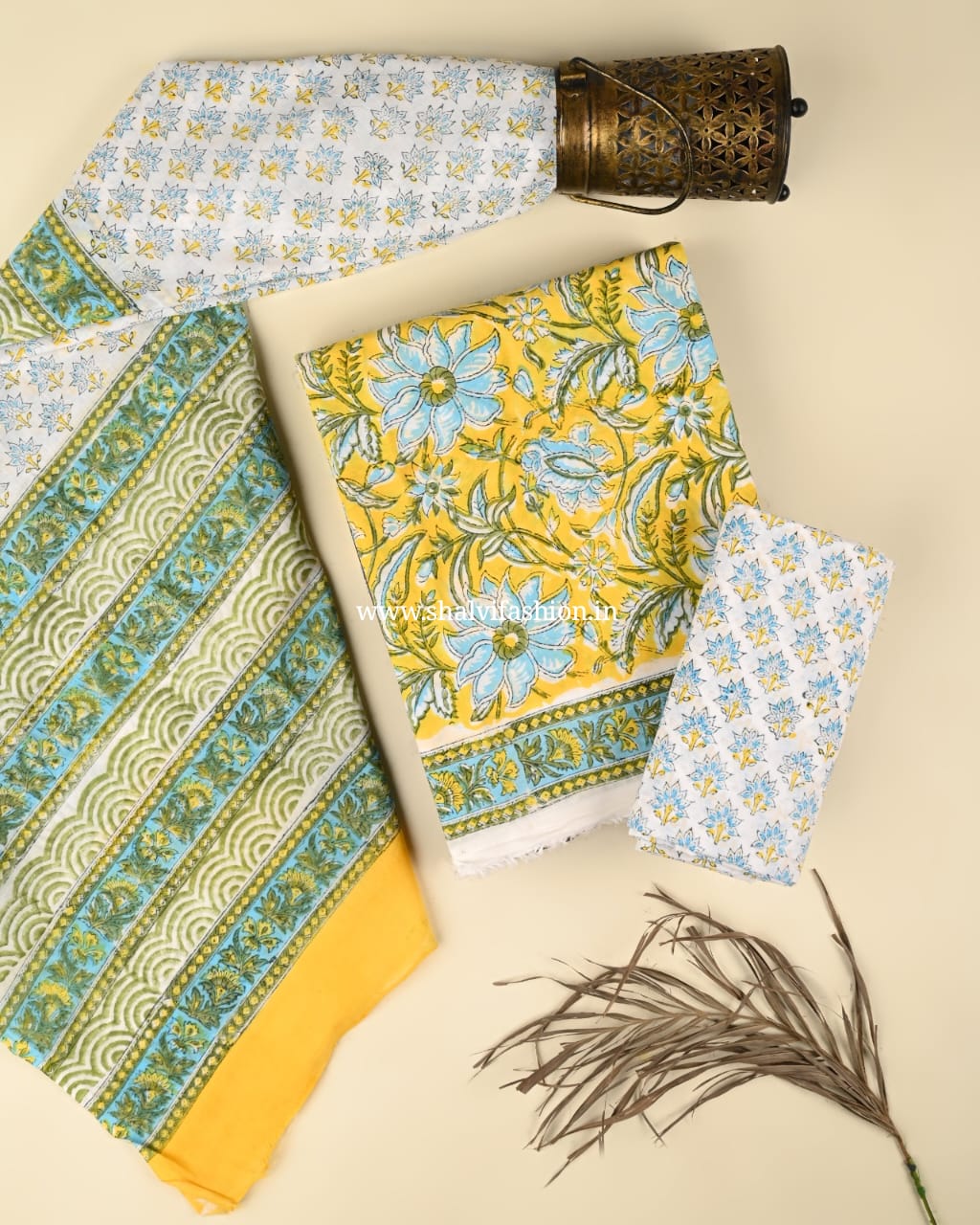 Shop hand block print cotton suits with mulmul dupatta (PRMUL511)