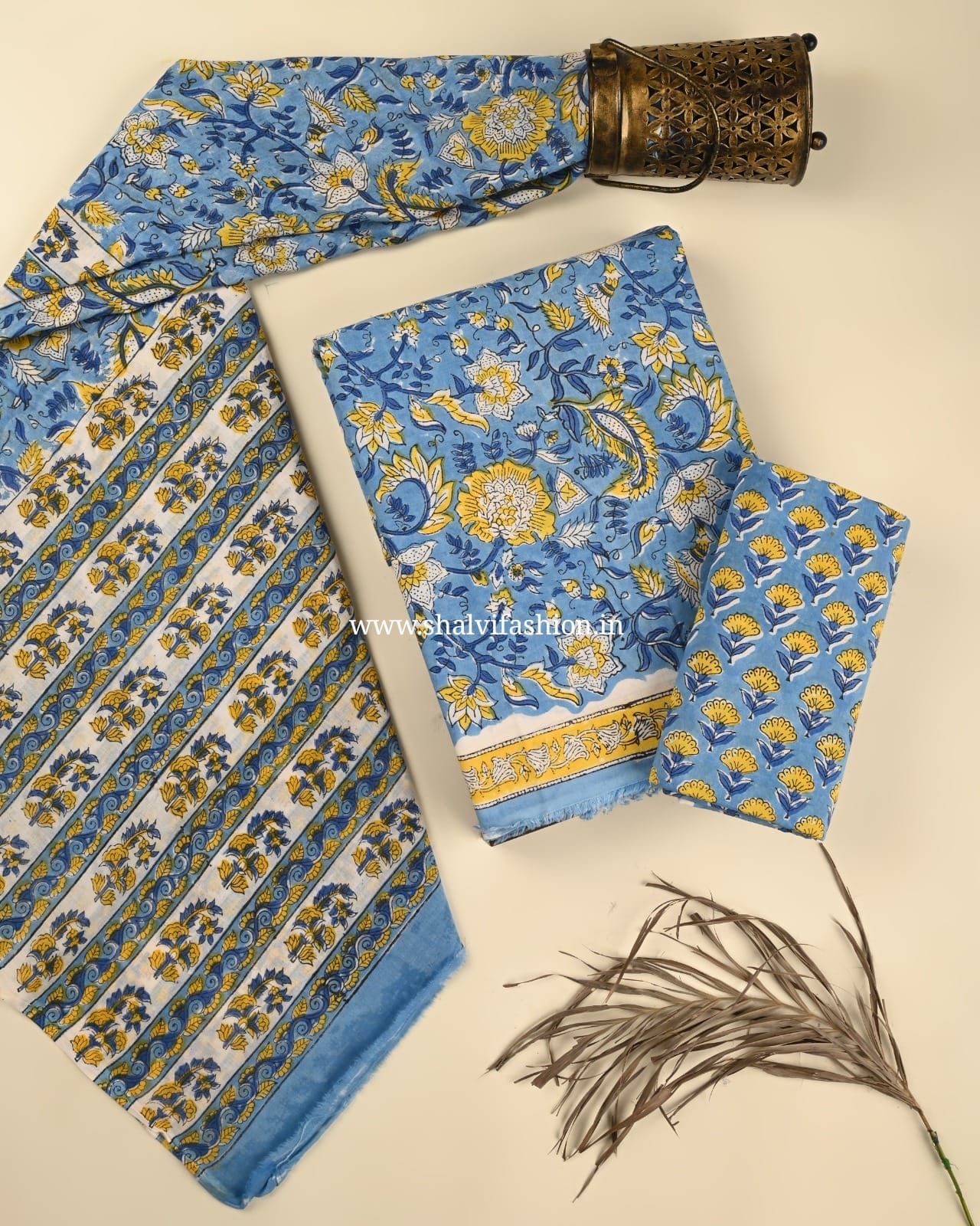 Shop unstitched block print cotton suit with mulmul dupatta (PRMUL519)