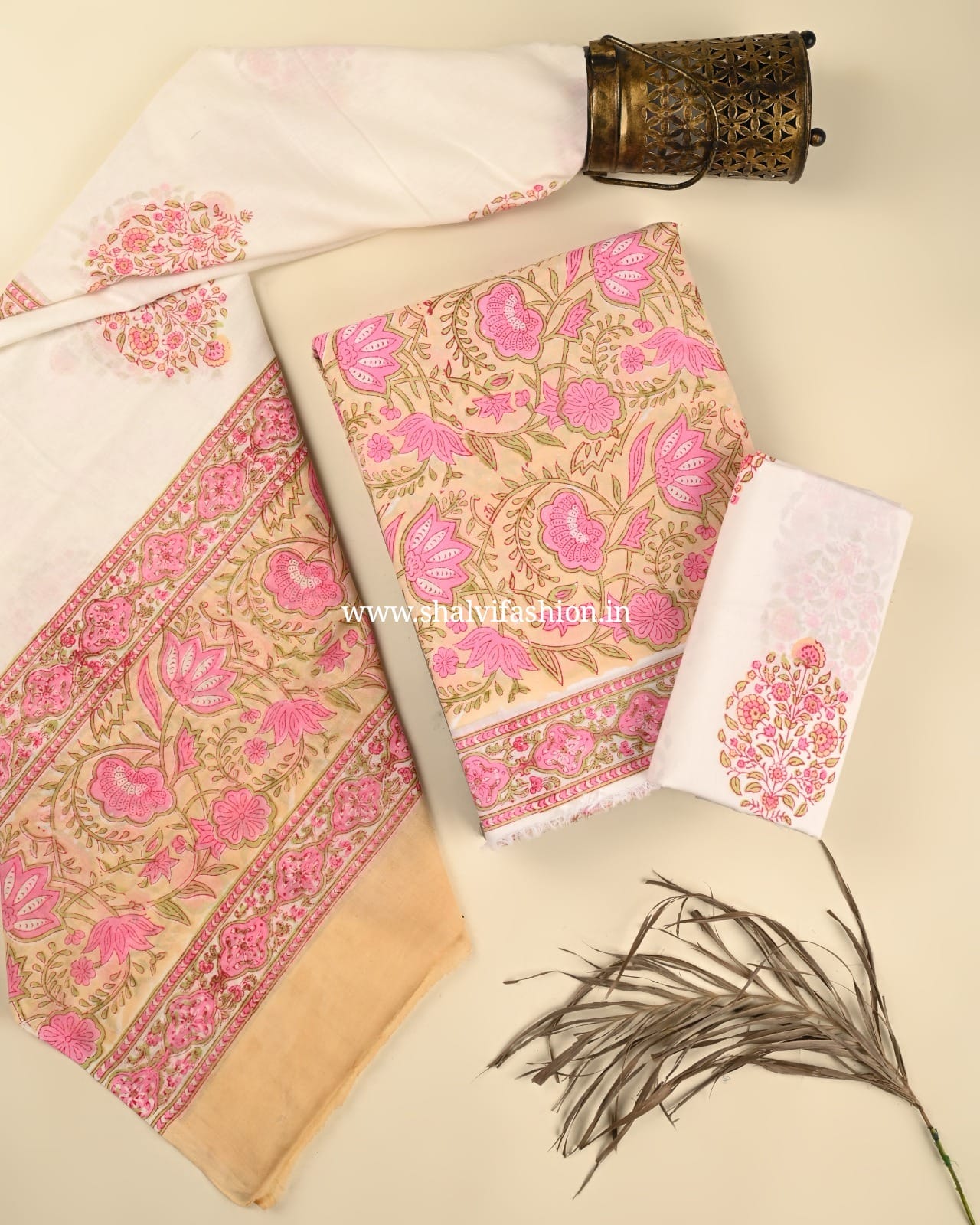 Shop block print cotton suits with mulmul dupatta (PRMUL520)