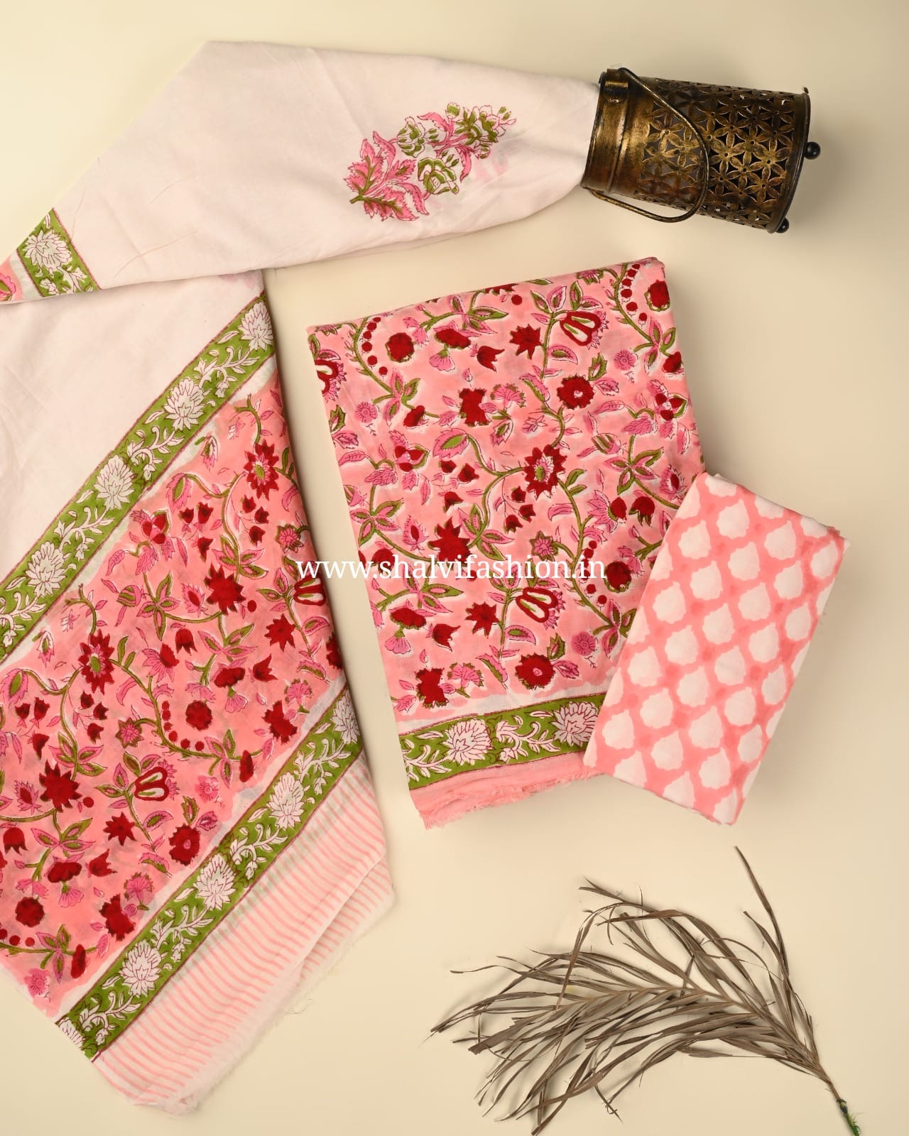 Shop hand block printed cotton suits with mulmul dupatta (PRMUL527)