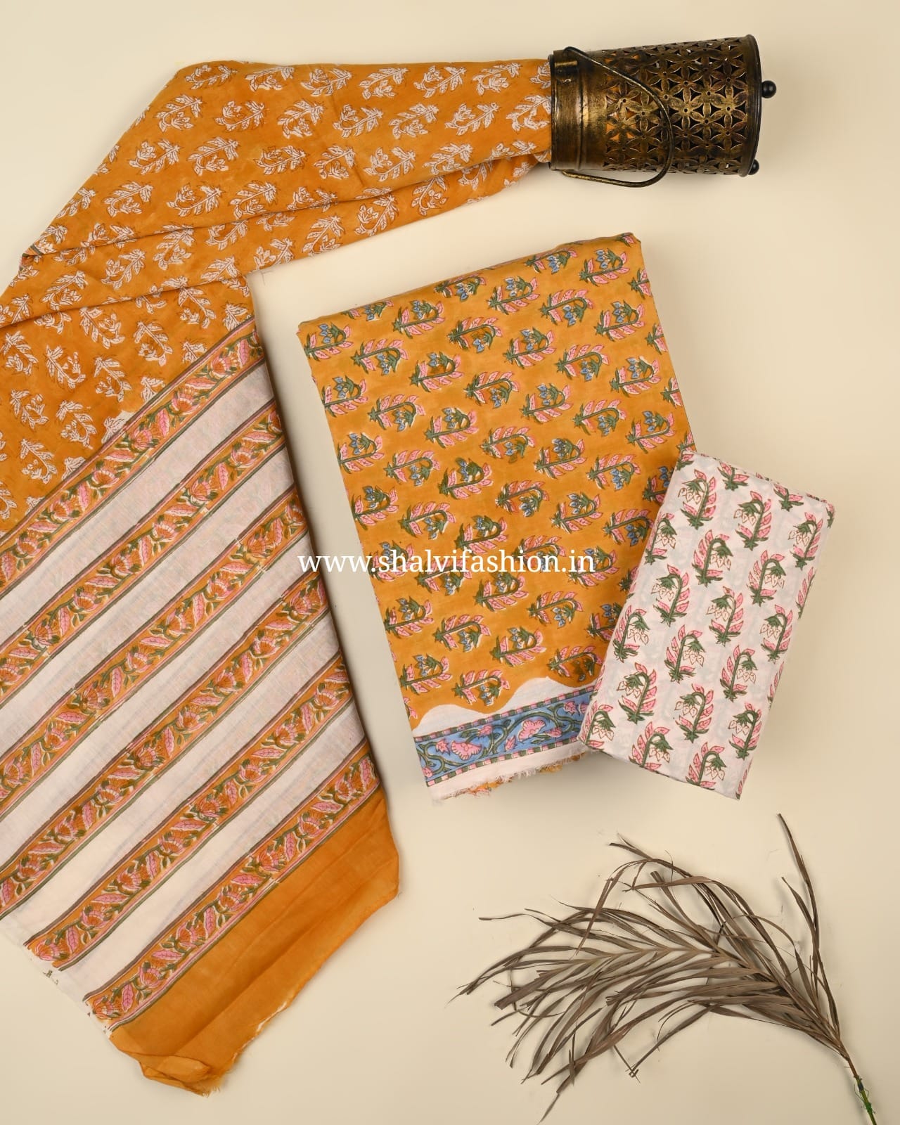 Shop unstitched block print cotton suits with mulmul dupatta (PRMUL532)