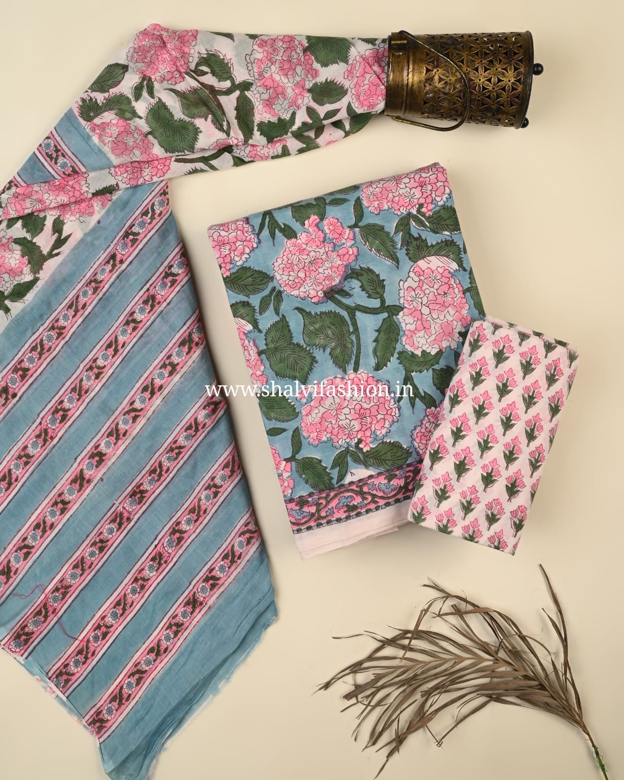 Shop block printed cotton suits with mulmul dupatta (PRMUL535)