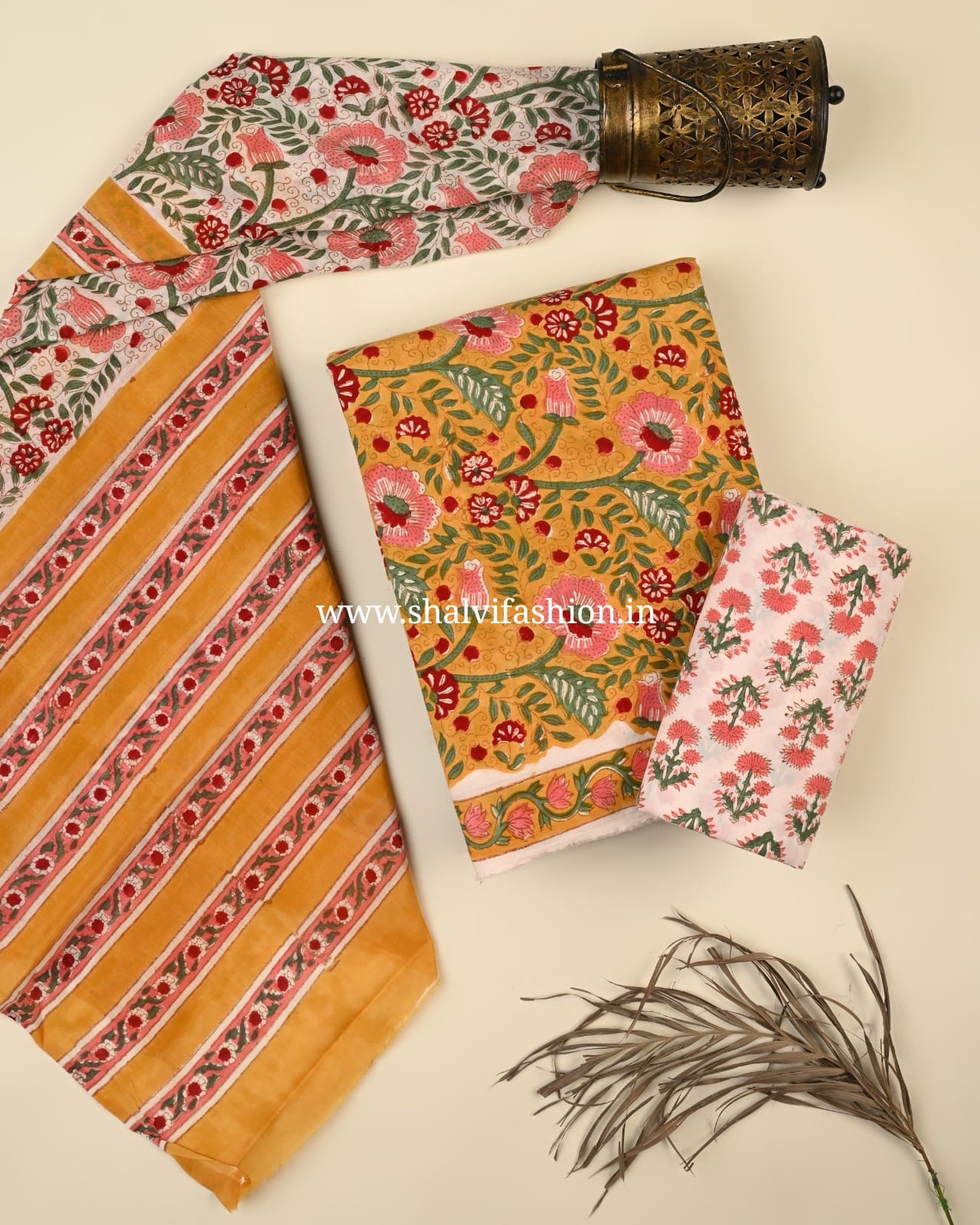 Shop traditional block print cotton suits with mulmul dupatta (PRMUL538)